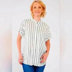 NWT Grand & Greene Top | Blue and White Striped | Short Sleeve | Small